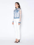 Denim Jacket with See-Through Lace Contrast