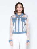 Denim Jacket with See-Through Lace Contrast