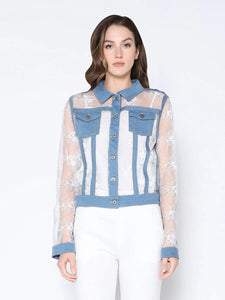 Denim Jacket with See-Through Lace Contrast